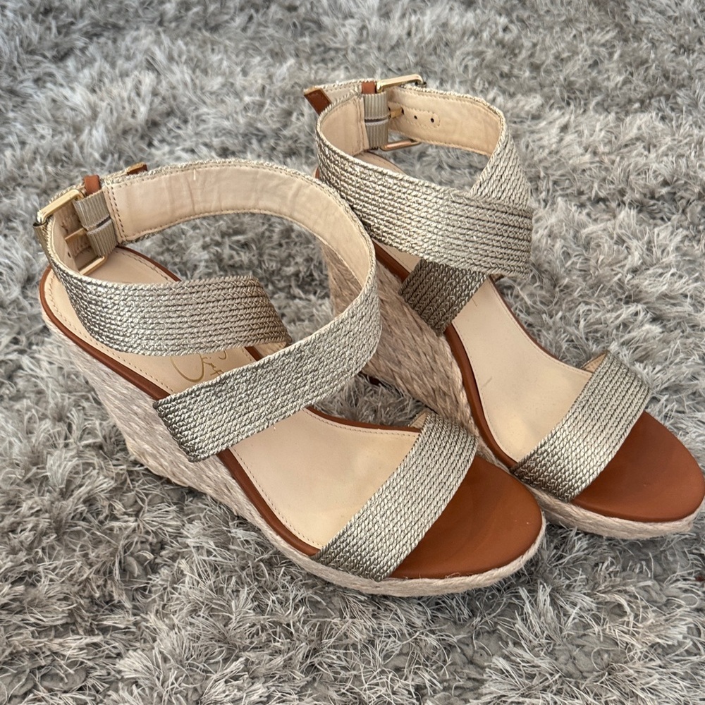 Jessica Simpson Silver and Tan Wedge Sandals
